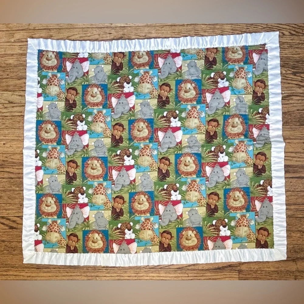 Handmade Animal Safari Baby Quilt Blanket Throw Satin Trim Whimsical AS IS READ